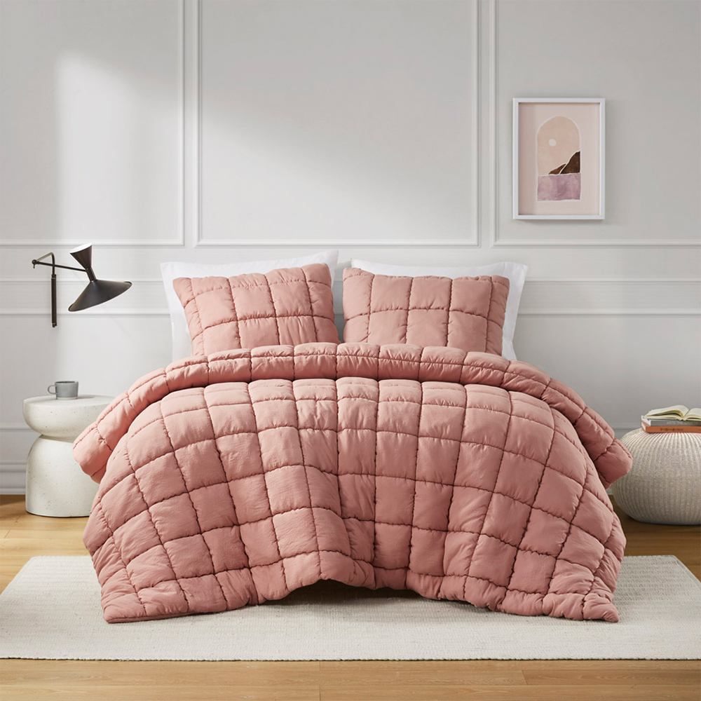 Miya Grid Quilted Pom Pom Puffy Comforter Set