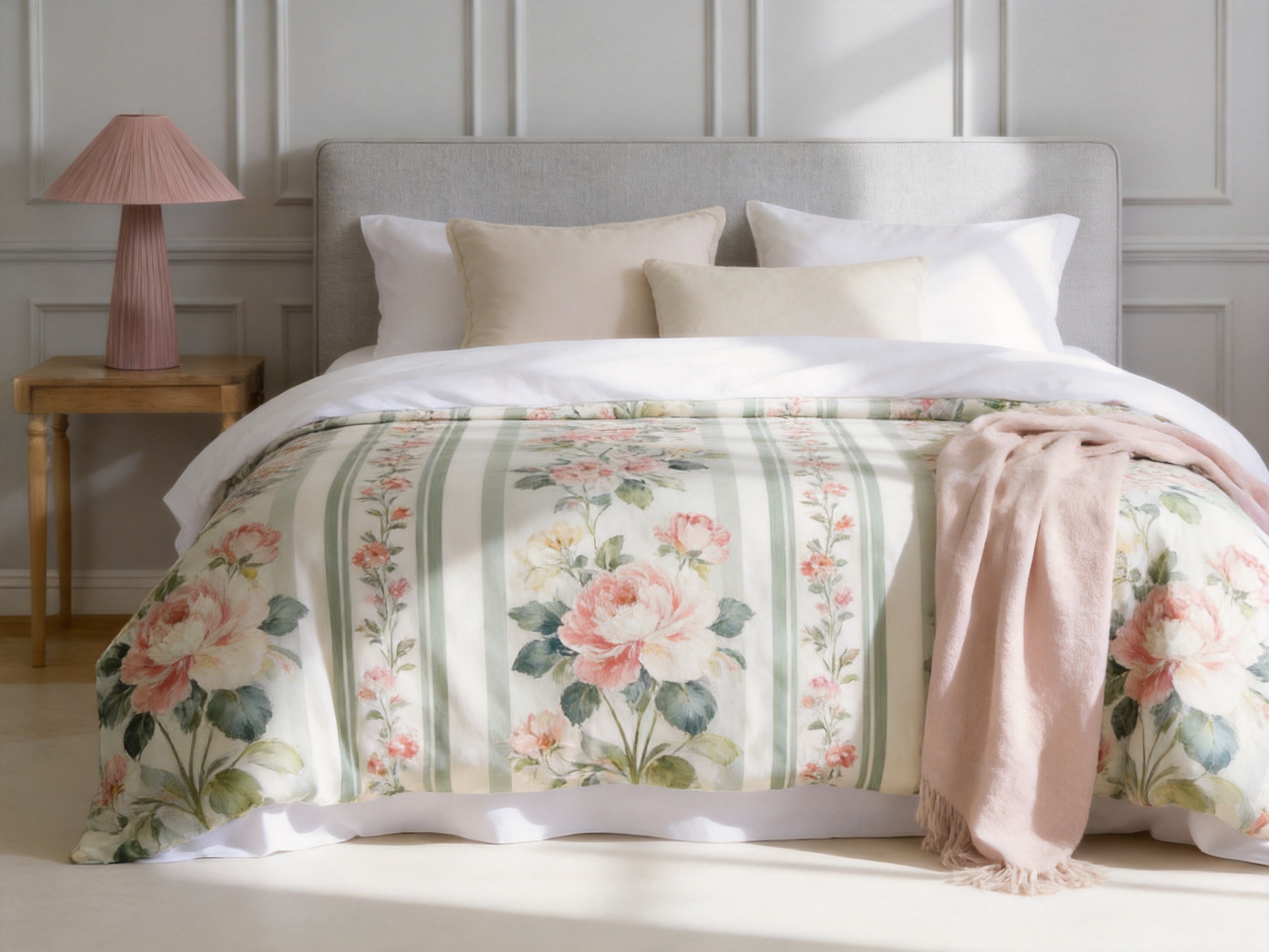 Botanical Floral Stripe Microfiber-Cotton Duvet Cover Set for Modern Bedrooms