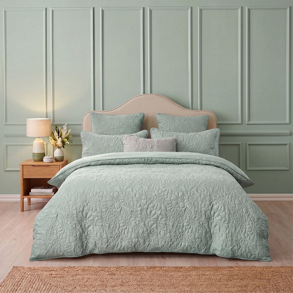 Sage Green Vintage Floral Embossed Quilt Set Cotton Blend Microfiber Bedspread Coverlet