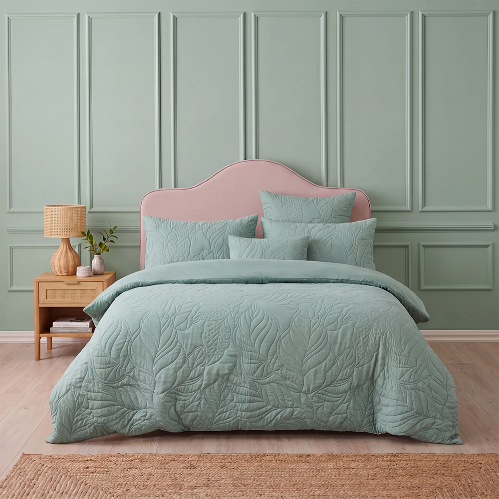 Sage Green Large Leaf Embossed Quilt Set Cotton Blend Microfiber Bedspread Coverlet