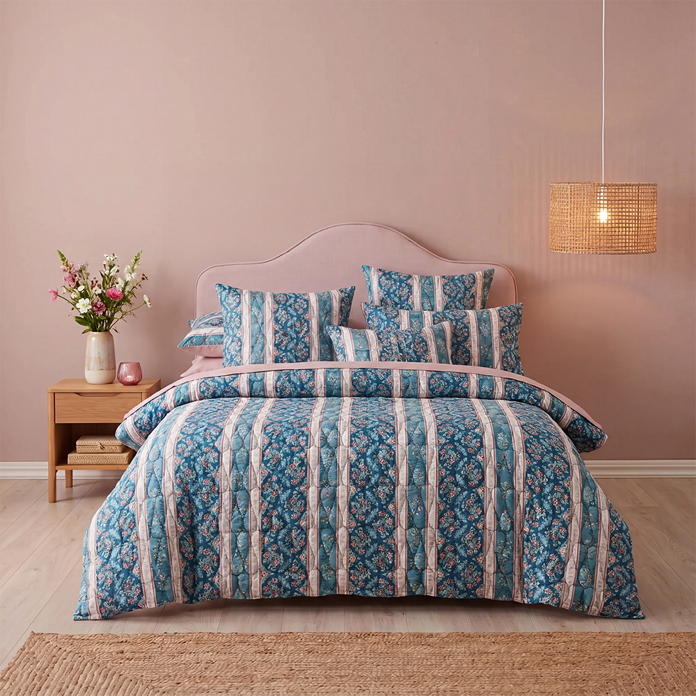 Blue Floral Stripe Quilt Set Cotton Blend Microfiber Bedspread Coverlet
