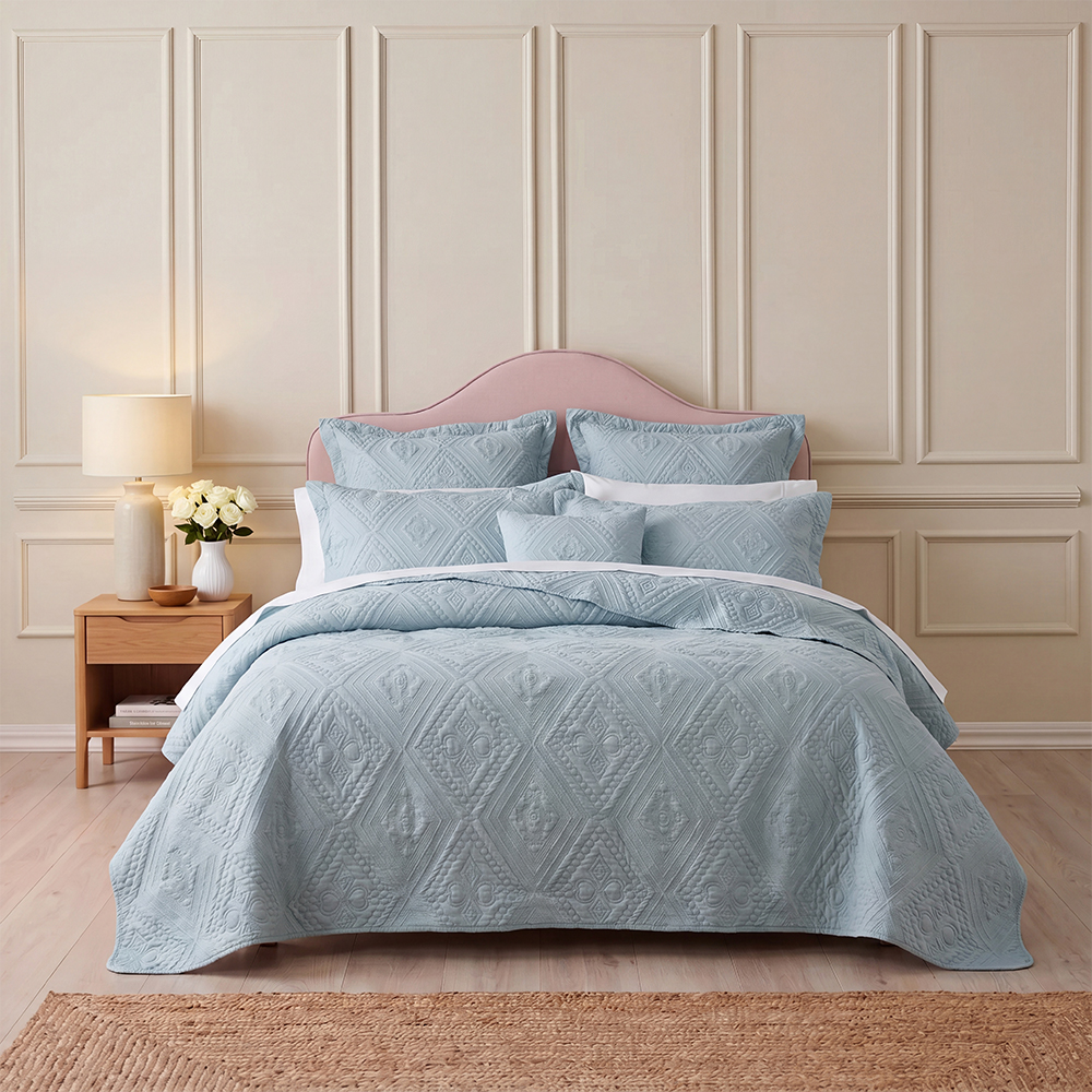 Pale Slate Blue Vintage Diamond Embossed Scalloped Quilt Set Cotton Blend Microfiber Bedspread Coverlet