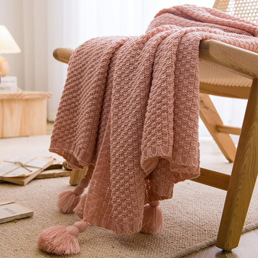 Bobble Knit Acrylic Throw with Pom-Pom Tassels